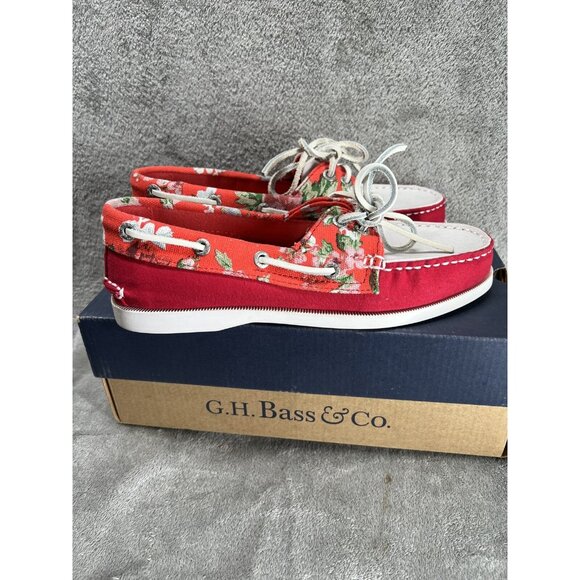 New GH Bass Co Women’s 6.5 Marina Red Leather Floral Canvas Boat Shoes Preppy - Picture 2 of 6
